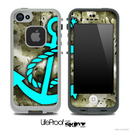 Grungy Vintage Camouflage Print and Turquoise Anchor Skin for the iPhone 5 or 4/4s LifeProof Case