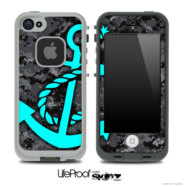 Digital Camouflage V4 Print and Turquoise Anchor Skin for the iPhone 5 or 4/4s LifeProof Case