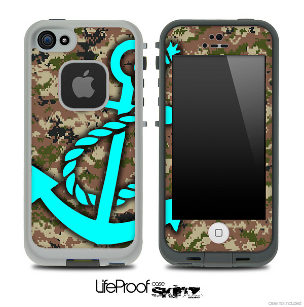 Digital Camouflage V1 Print and Turquoise Anchor Skin for the iPhone 5 or 4/4s LifeProof Case