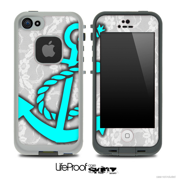 White Lace and Turquoise Anchor Skin for the iPhone 5 or 4/4s LifeProof Case