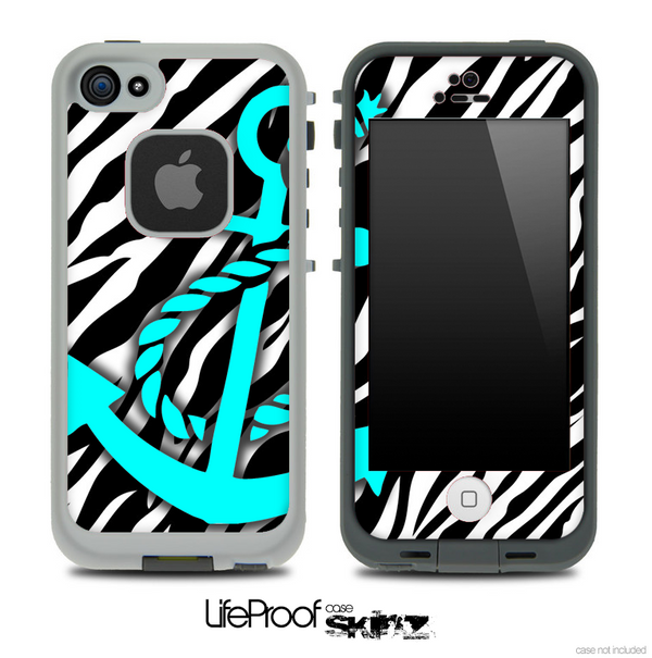 Vector Zebra Animal Print and Turquoise Anchor Skin for the iPhone 5 or 4/4s LifeProof Case