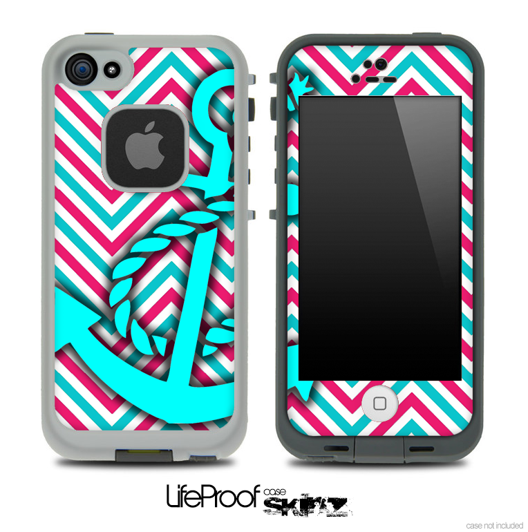 Pink/Blue Colored Chevron and Turquoise Anchor Skin for the iPhone 5 or 4/4s LifeProof Case