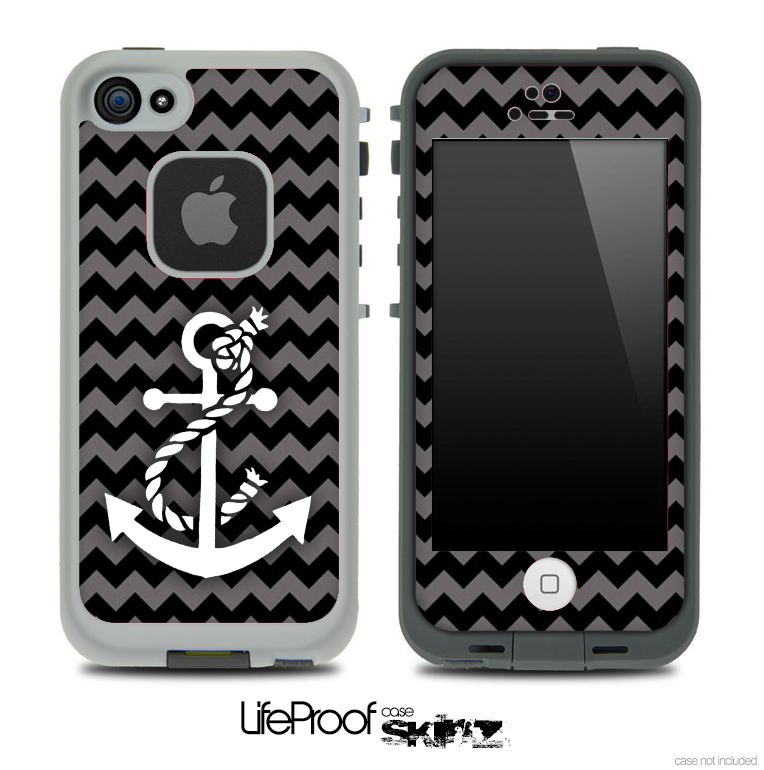 Gray/Black Colored Chevron and White Anchor V3 Skin for the iPhone 5 or 4/4s LifeProof Case