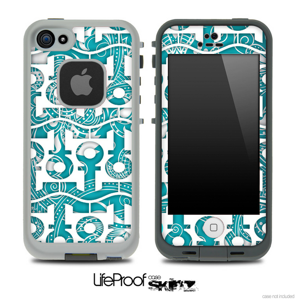 White and Turquoise Paisley Anchor Collage Skin for the iPhone 5 or 4/4s LifeProof Case