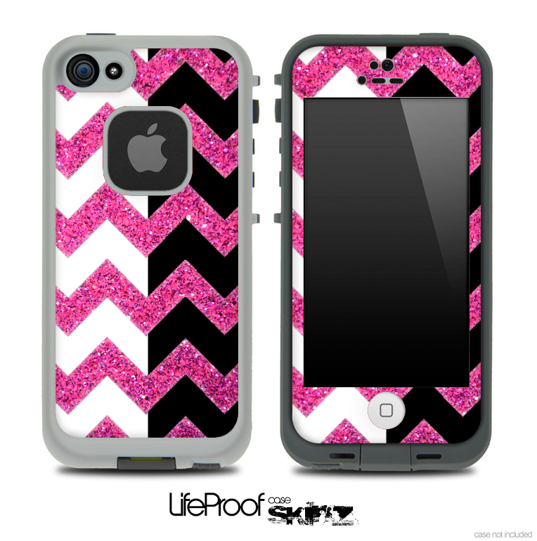 Pink Sparkle Print & Black/White Chevron Pattern Skin for the iPhone 5 or 4/4s LifeProof Case