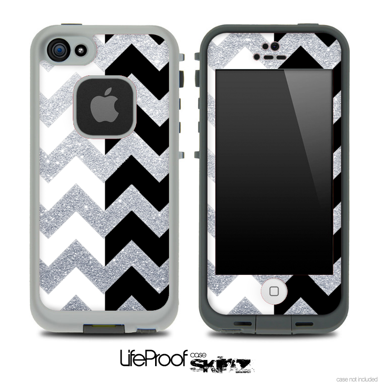 Silver Sparkle Print & Black/White Chevron Pattern Skin for the iPhone 5 or 4/4s LifeProof Case