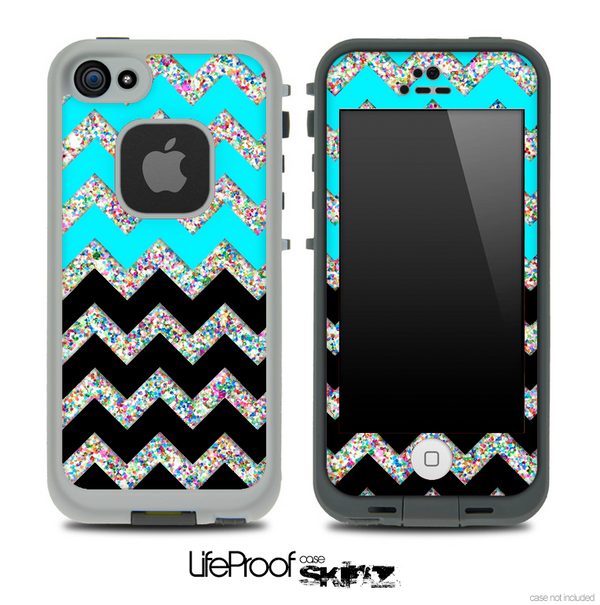 Aqua Blue, Black and Colorful Dotted V2 Chevron Pattern Skin for the iPhone 5 or 4/4s LifeProof Case