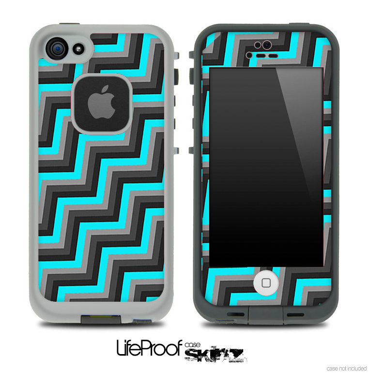 Slanted Turquoise, Black and Gray Chevron Pattern Skin for the iPhone 5 or 4/4s LifeProof Case