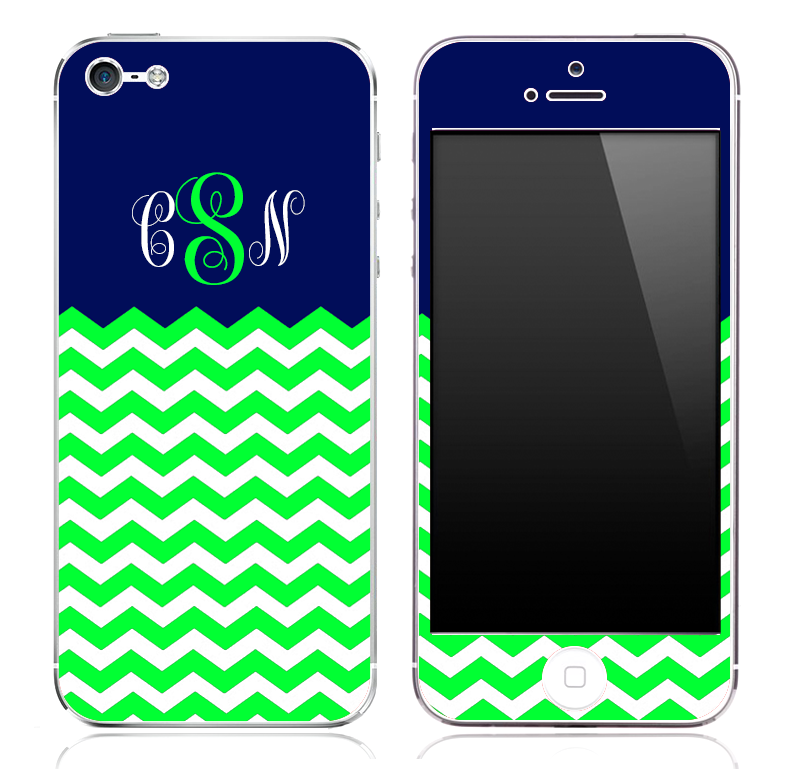 Navy And Lime Green Chevron Pattern Custom Monogram Skin for the iPhone 3, 4/4s or 5