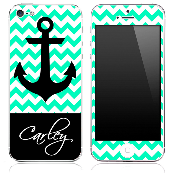 Custom Name Script on Light Trendy Green/White Chevron and Anchor Skin for the iPhone 3gs, 4/4s, 5, 5s or 5c