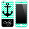 Custom Name Script on Light Trendy Green/White Chevron and Anchor Skin for the iPhone 3gs, 4/4s, 5, 5s or 5c