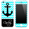 Custom Name Script on Light Trendy Blue/White Chevron and Anchor Skin for the iPhone 3gs, 4/4s, 5, 5s or 5c
