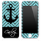 Custom Name Script on Light Blue/Black Chevron and Anchor Skin for the iPhone 3gs, 4/4s, 5, 5s or 5c