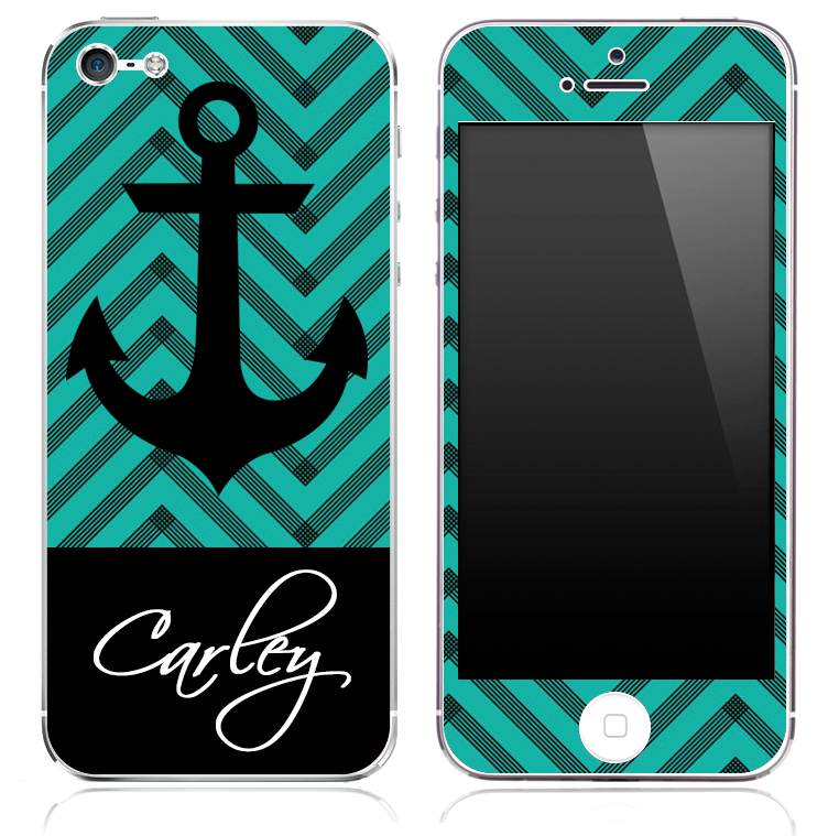 Custom Name Script on Blue/Black Chevron and Anchor Skin for the iPhone 3gs, 4/4s, 5, 5s or 5c