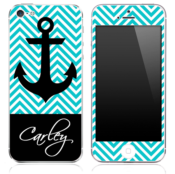 Custom Name Script on Blue/White Chevron and Anchor Skin for the iPhone 3gs, 4/4s, 5, 5s or 5c