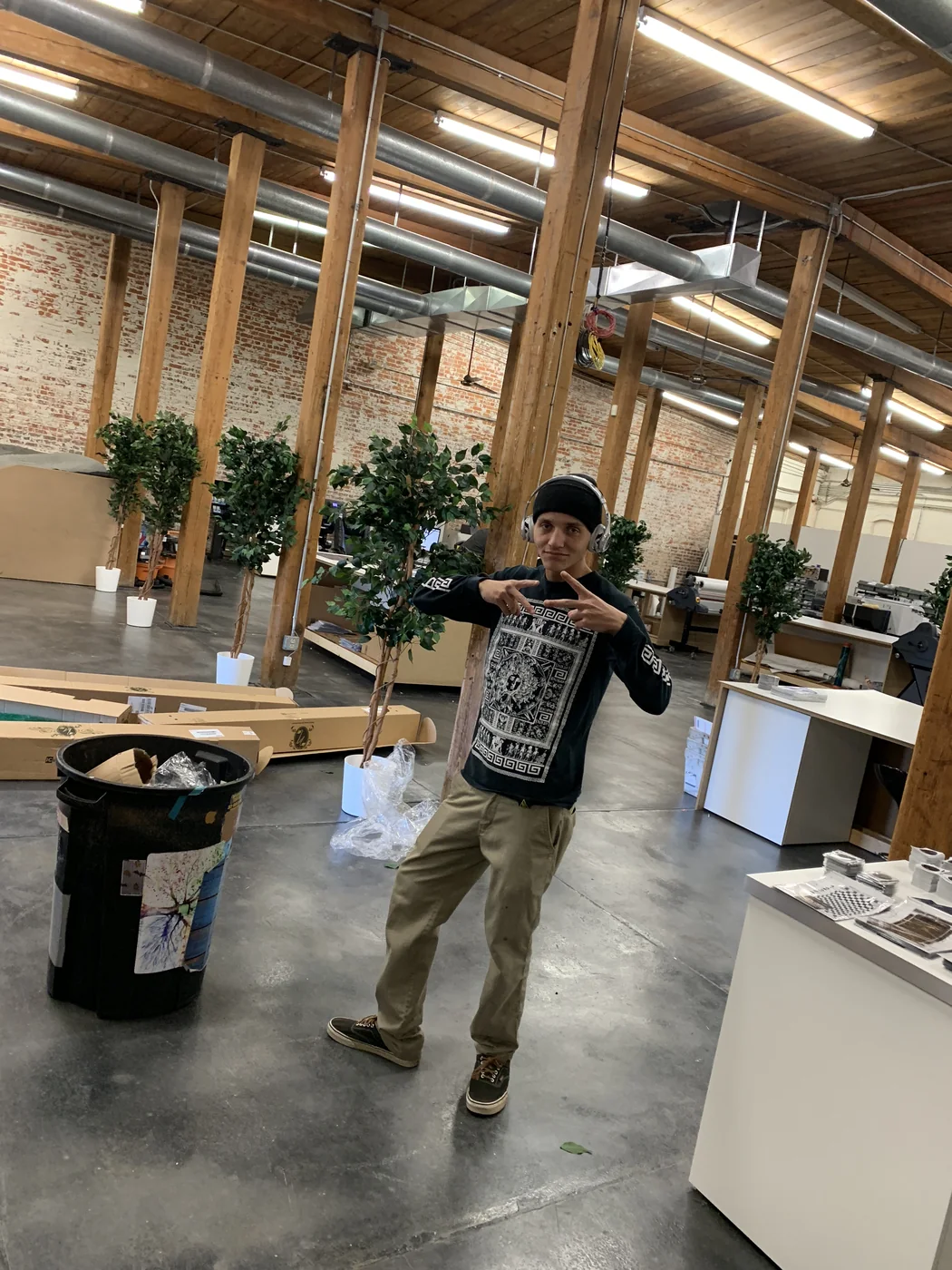 Peace signs in the warehouse